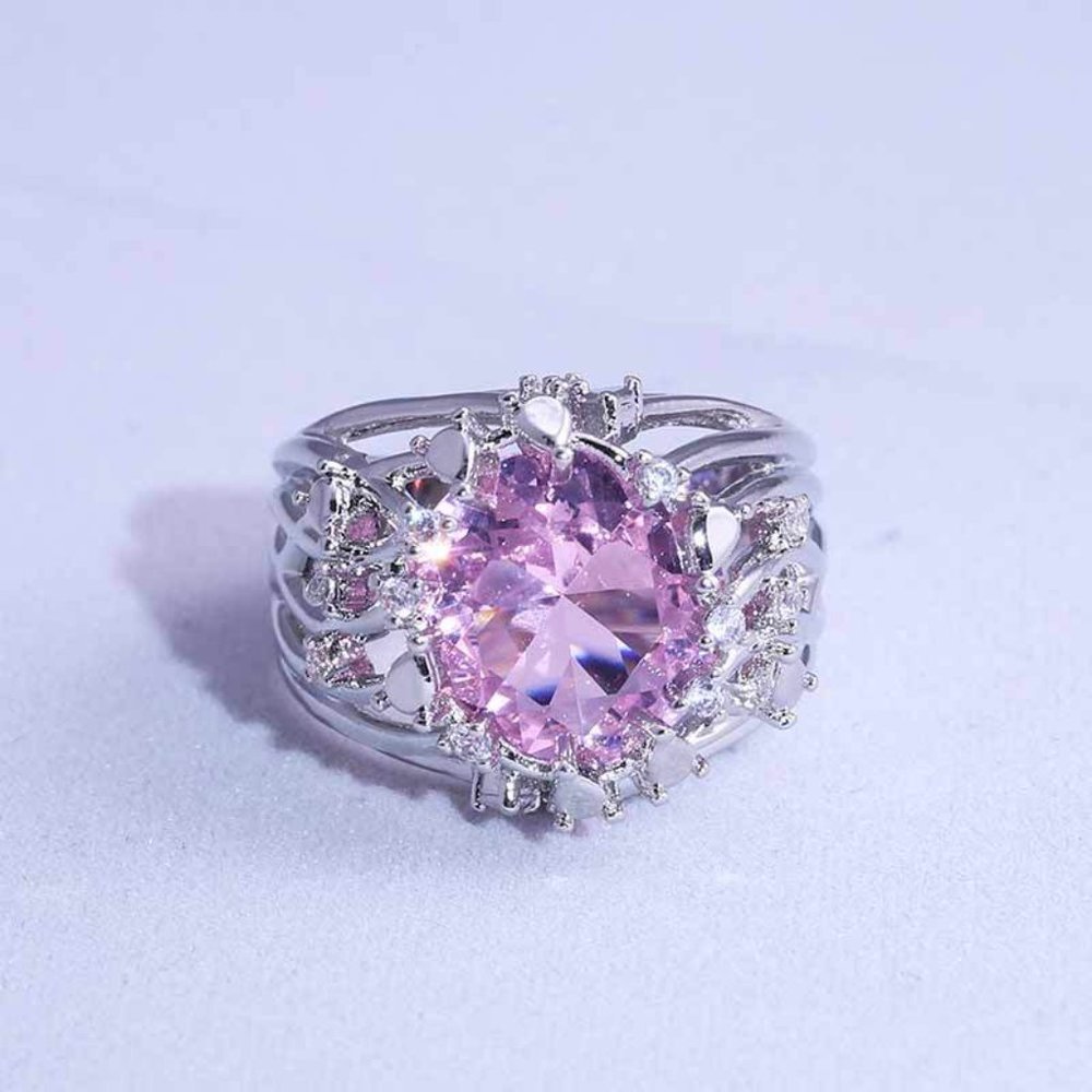 💞925 Silver Plated Hollow Pink Flower Engagement Ring, GPMB1546 - Picture 3 of 5